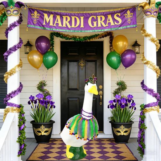 Big Goose Clothes Fluffy Gauze Skirt Costume with Fur Ball Edges Mardi Gras Headdress Elastic Strap Neck Rings Garden Goose Decoration for Festive