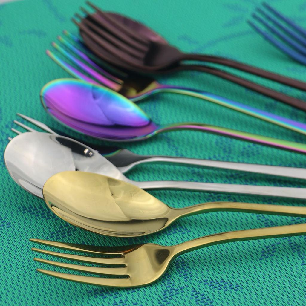 2pieces Colorful Gold Dinnerware 18/8 Stainless Steel Serving Spoon Fork Spork Set Salad Serving Spoons Kitchen Utensils