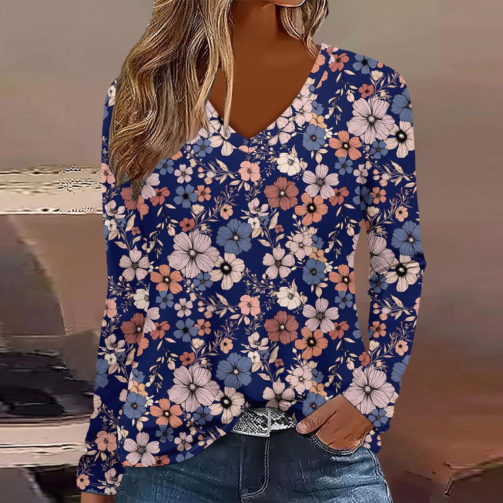 Europäische und amerikanische Mode 2025 Damen Elegantes V-Ausschnitt Langarm T-Shirt