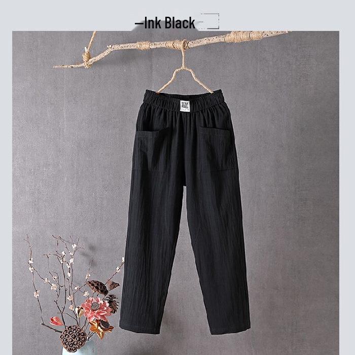 Women's 2023 Cotton-Linen Casual Straight Pants, Korean Style, Slim Fit, Lightweight Nine-Point Harem.