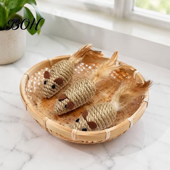 Indoor Cat Hunting Stimulation Colorful Mouse Toys, Jute Rope Chew Feather Mice Natural Kitten Toys Teeth Cleaning for Cats Exercise And Oral