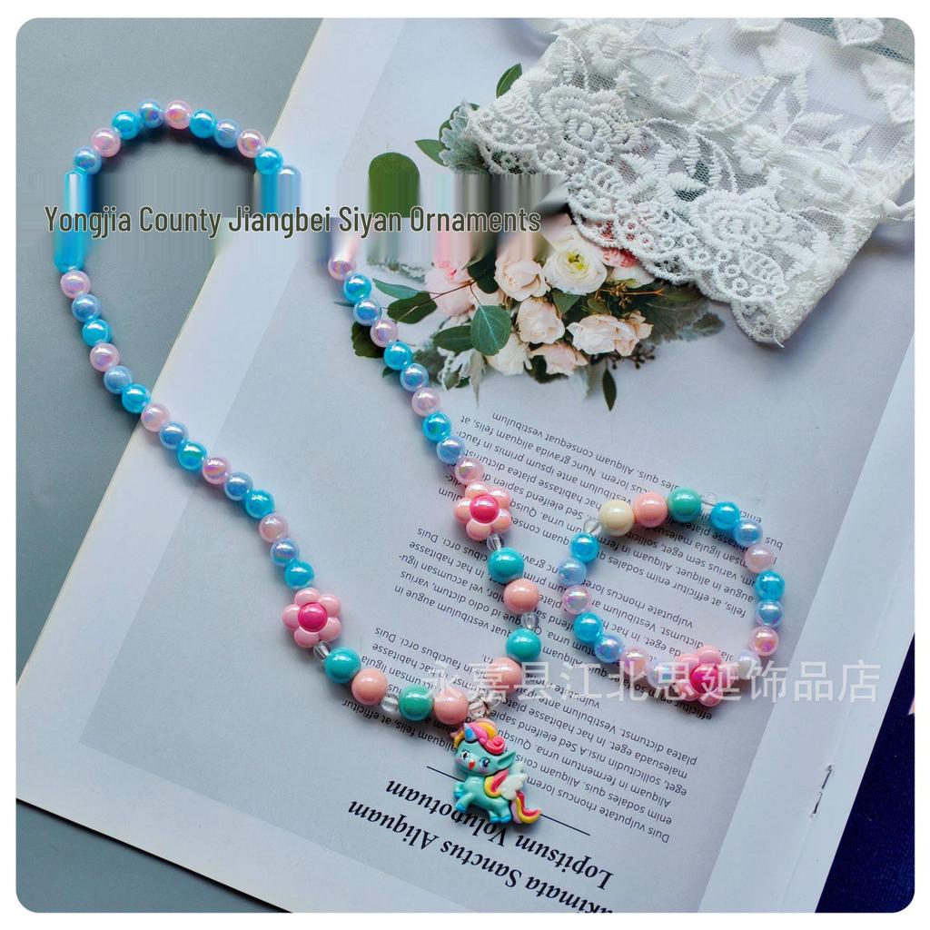 Kids' Colorful Candy Bead Necklace & Bracelet Set with Flower & Unicorn Design