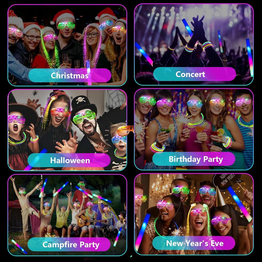 148 PCS Glow in the Dark Party Supplies, 16PCS Foam Glow Sticks, 16PCS LED Glasses,100PCS Glow Sticks Bracelets and 16Pcs LED Hair Clips Fiber Optic