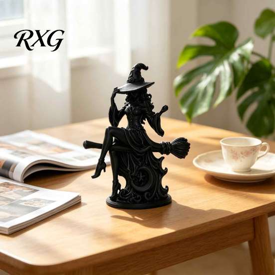 Halloween Party Table Centerpiece Gothic Witch On Broom Statue, 3D Printed Spooky Tabletop Figurine for Decoration Home Party, Black Desk Decor