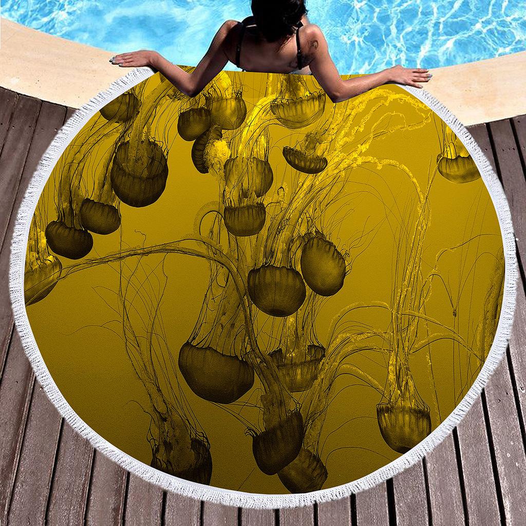 Jellyfish Round Beach Towel Microfiber Absorbent Quick Dry Sand Free Picnic Mat for Bathroom Pool Surf Travel Outdoor Meditation