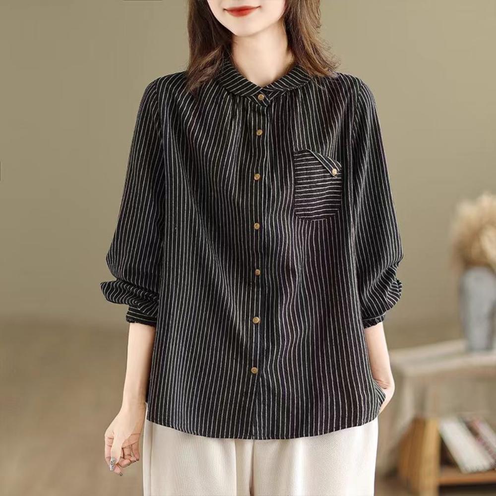 Spring and Autumn Cotton and Linen Long-sleeved Striped Pure Cotton Shirt Artistic Top