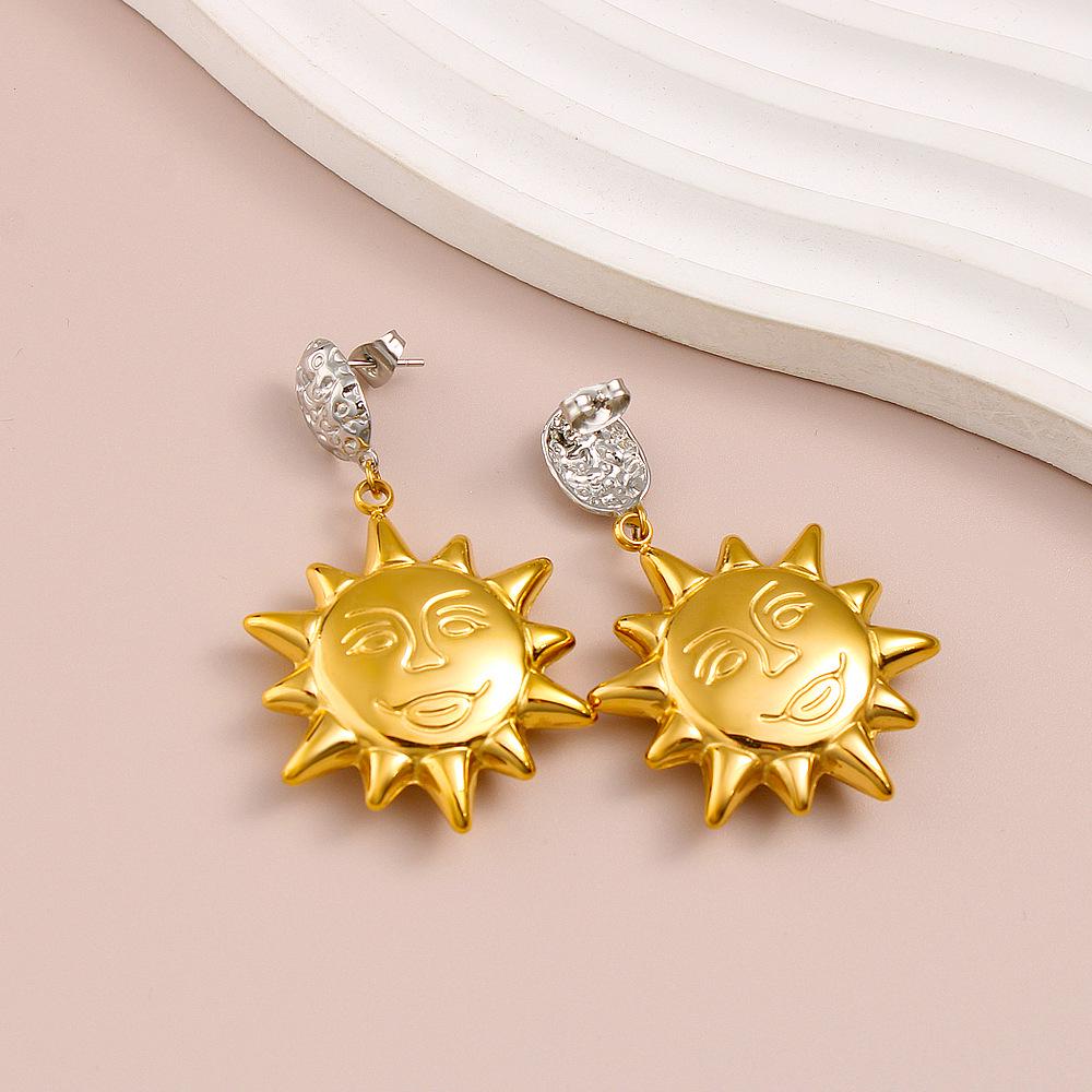 18K Gold-Plated Retro 3D Face Sun Earrings