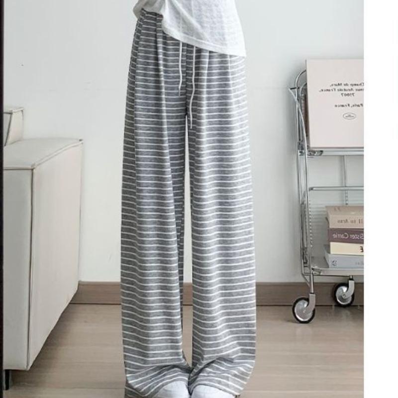 Neue lässige Hose mit hohen Bund und schwarz-weißen Streifen für Frühling und Herbst für Damen, drapierte gerade Klebreishose, bodenlange Hose mit weitem Bein