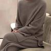 Women Loose Knit Sweater Suit Solid Color Neck Pullover Wide Leg Pants Suit Autumn Winter Two Pieces Set Homewear