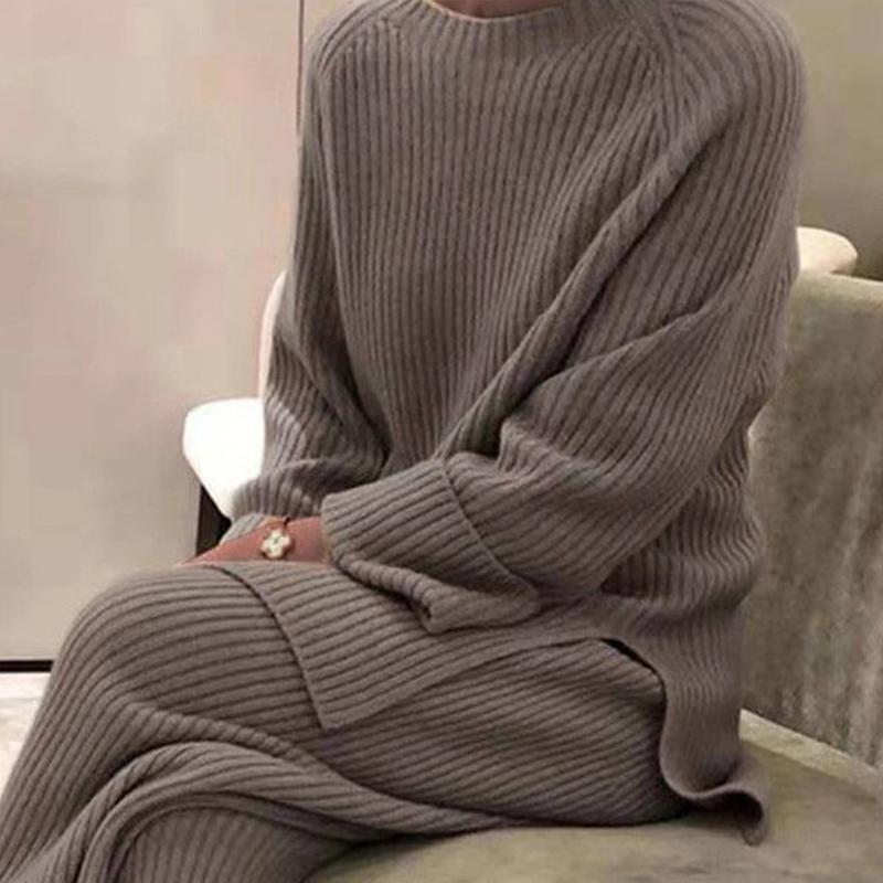 Women Loose Knit Sweater Suit Solid Color Neck Pullover Wide Leg Pants Suit Autumn Winter Two Pieces Set Homewear