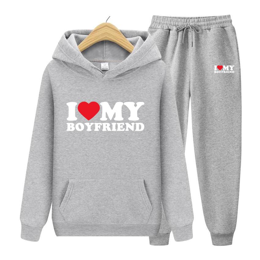 

Мужской костюм «I Love My Boyfriend», комплект из двух предметов, толстовка с капюшоном, женская толстовка, осенние мужские комплекты с капюшоном и брюками L