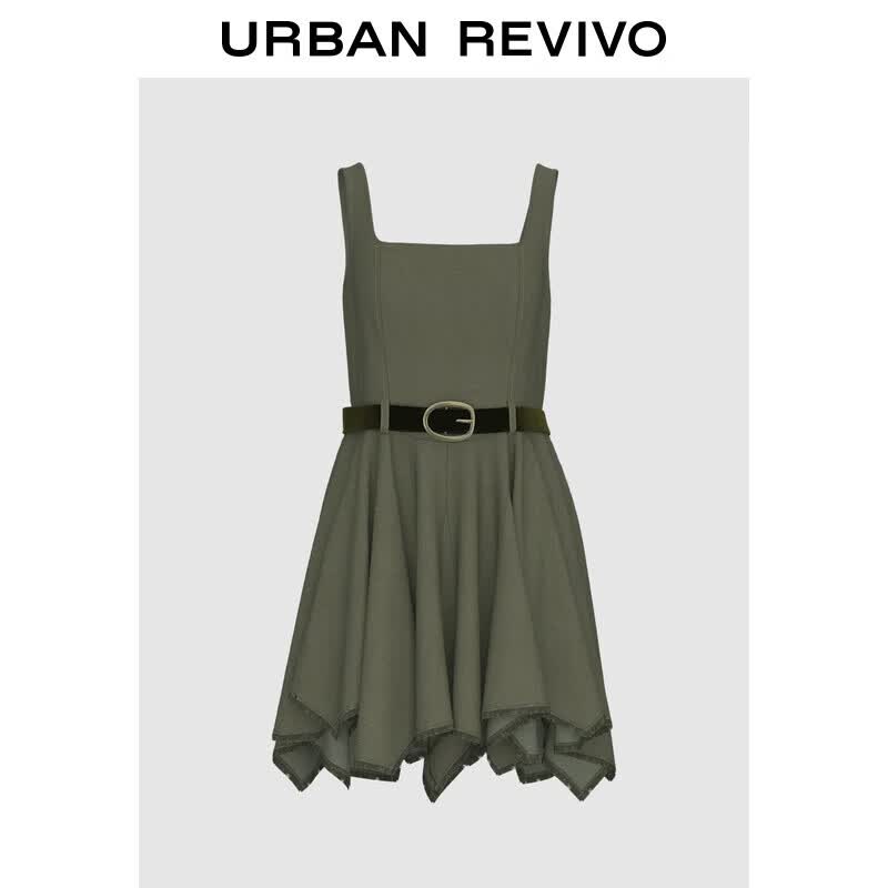 UR 2025 Autumn Retro Tassel Square Neck A-Line Dress XL оливковое зеленый