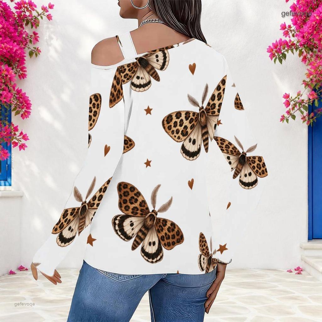 Women Plus Size Asymmetric Cutout Neck Cold Shoulder Long Sleeve Leopard Moth Print White Fitted Top