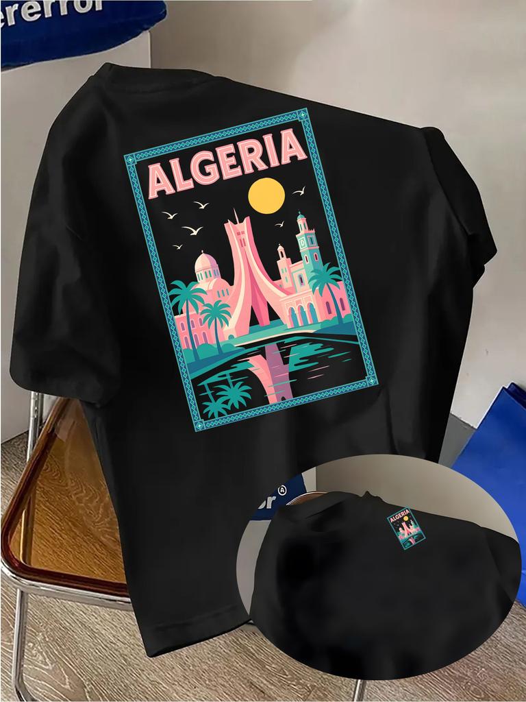 Vibrant Algeria Cityscape Tee with Retro Style Buildings and Palm Tree Print 100 Cotton Unisexs Tshirt Summer Casual Wear