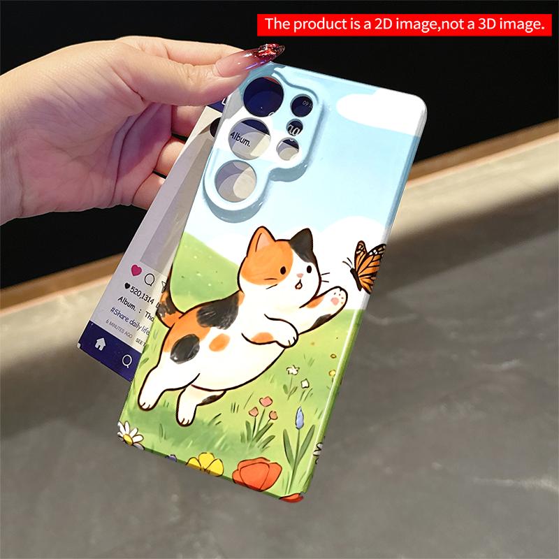 2DFlat Samsung phone case Calico Cat Chasing Butterfly in Meadow Applicable to Galaxy S23 S24 S25ULTRA S26 A12 A14 A15 A16 A54 A55