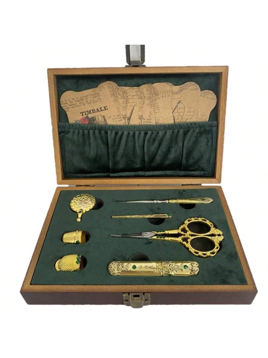 

Vintage Sewing Kit European Style Antique Embroidery Scissors Set Portable Sewing Tool Storage Box with Needles Scissors
