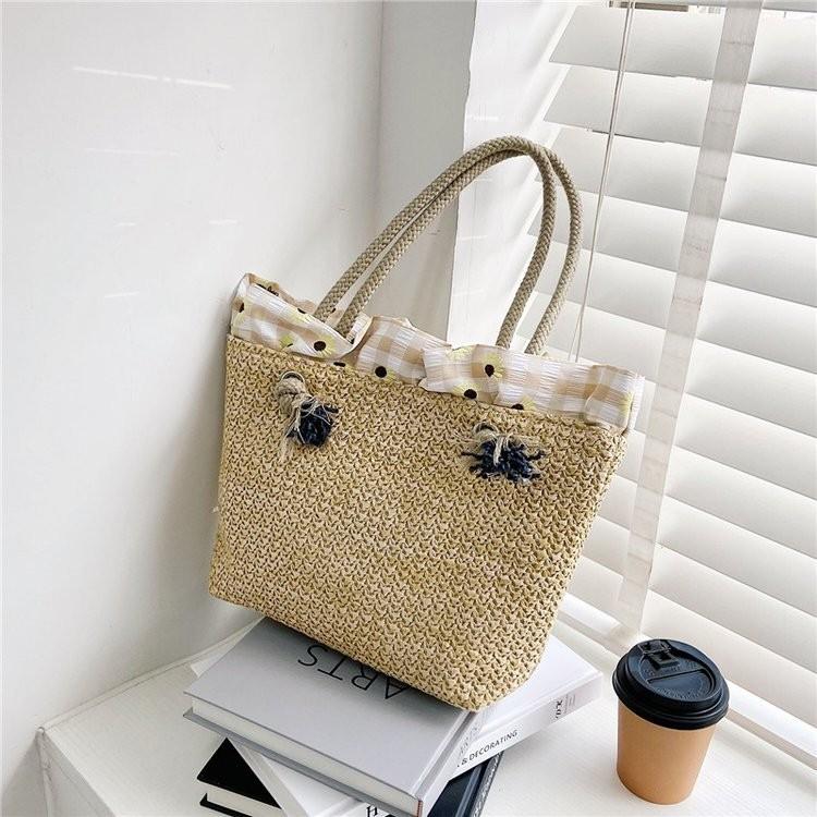 Chic Fashionable Womens Large Shoulder Bag Elegant Woven Tote Handbag With Embroidery Details