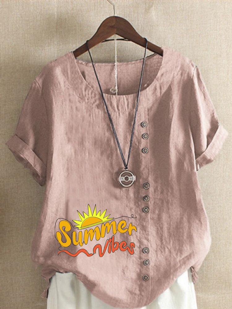 Women's Fashion Letter Print Round Neck Short Sleeve T-shirt Casual Cotton Linen Graphic Shirt Leisure Loose Summer Blouse Tops