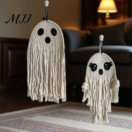 Handmade Cotton Rope Ornament Ghost Hanging for Halloween, Indoor Outdoor Unique Halloween Gift Friends Pendent Front Door Window Wall Yard