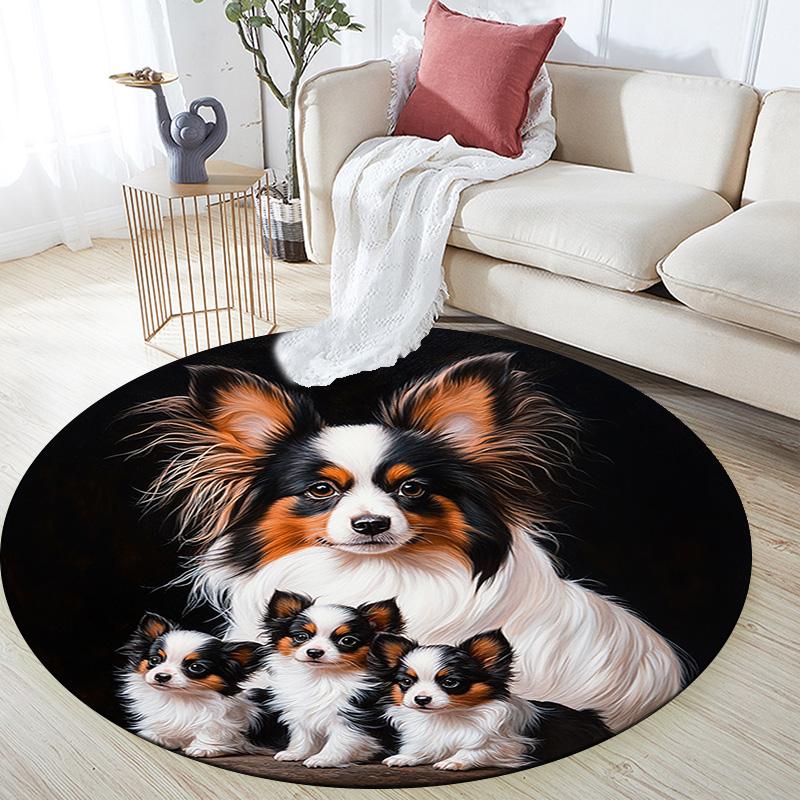 Papillon Dog Round Area Rug,Carpet Rug for Living Room Bedroom Sofa Playroom Decor,Non-slip Floor Mat