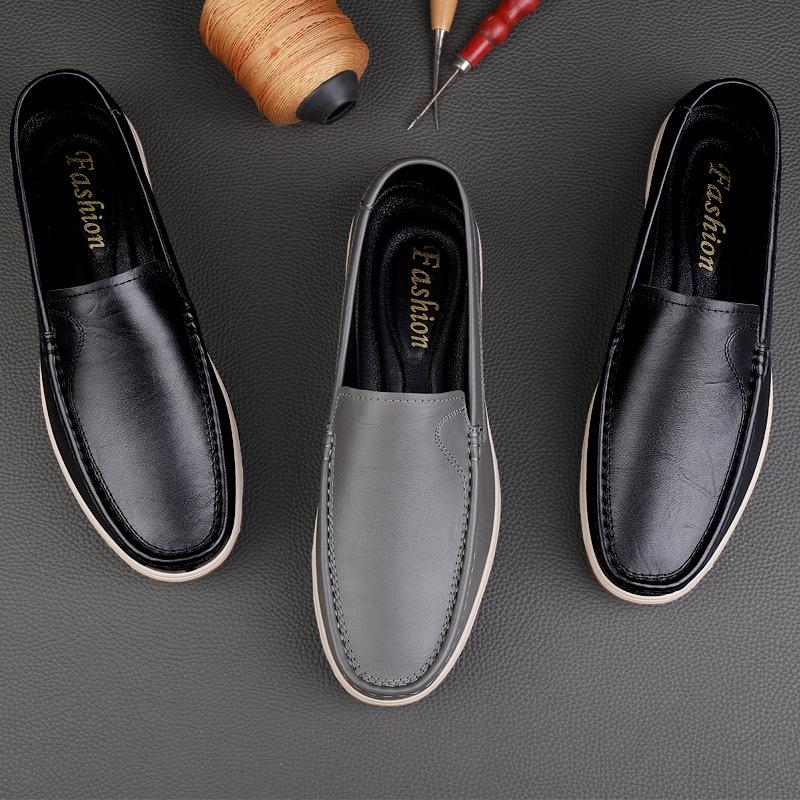 Men's Top-Grain Cowhide Leather Slip-On Loafers - Casual, Formal, Driving, and Lazy Shoes for Spring/Summer.