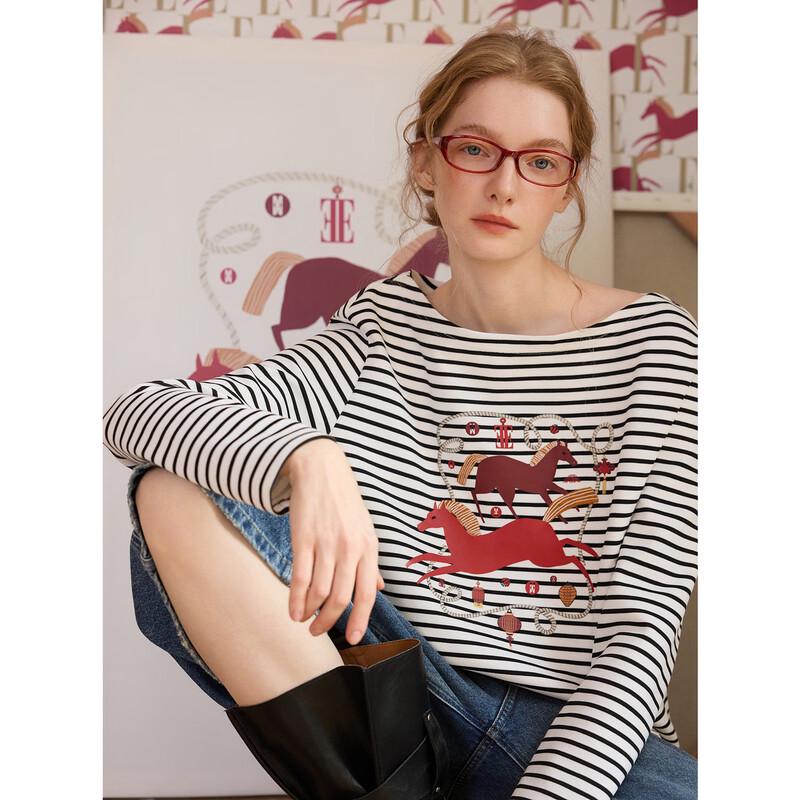 ELLE Modern Striped Embroidered Long Sleeve T-Shirt L