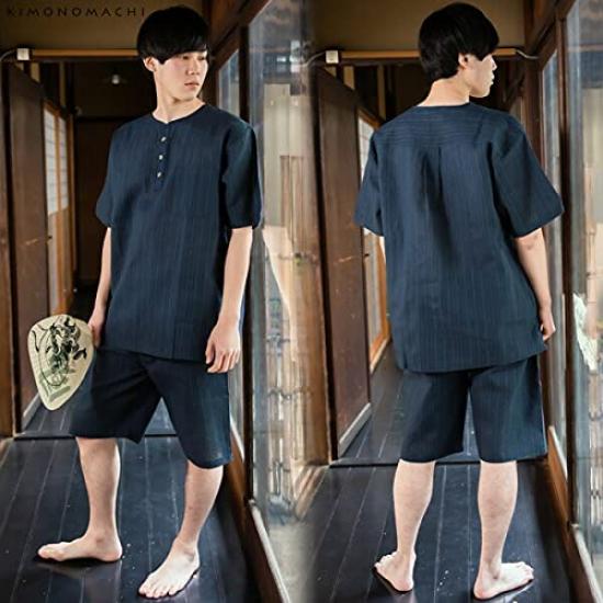 KIMONOMACHI Henley Navy Size Perfect Gift for Day or Respect for the Aged Day Men's Cotton-Linen Jinbei, Neck, "A Stripe," M, Father's