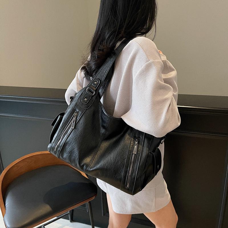 Women's High-End Versatile Korean Tote Bag - Brown Solid Color, Large Capacity, Single Shoulder Fashion Style