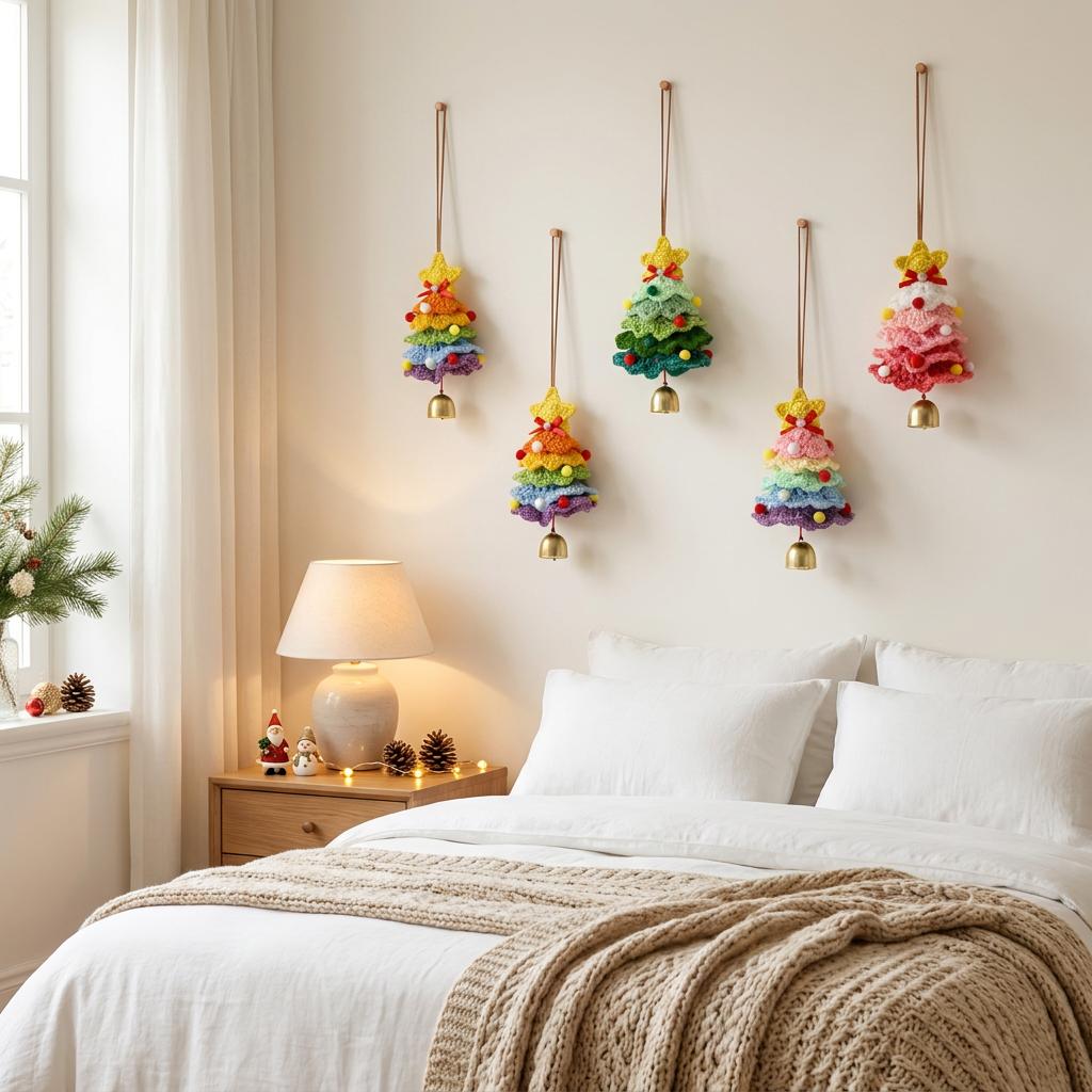 ChengNuo YiBai CNYB62 Handmade Crochet Christmas Tree Ornaments Boho Knitted Xmas Tree Hanging Metal Bell Rainbow Holiday Decor