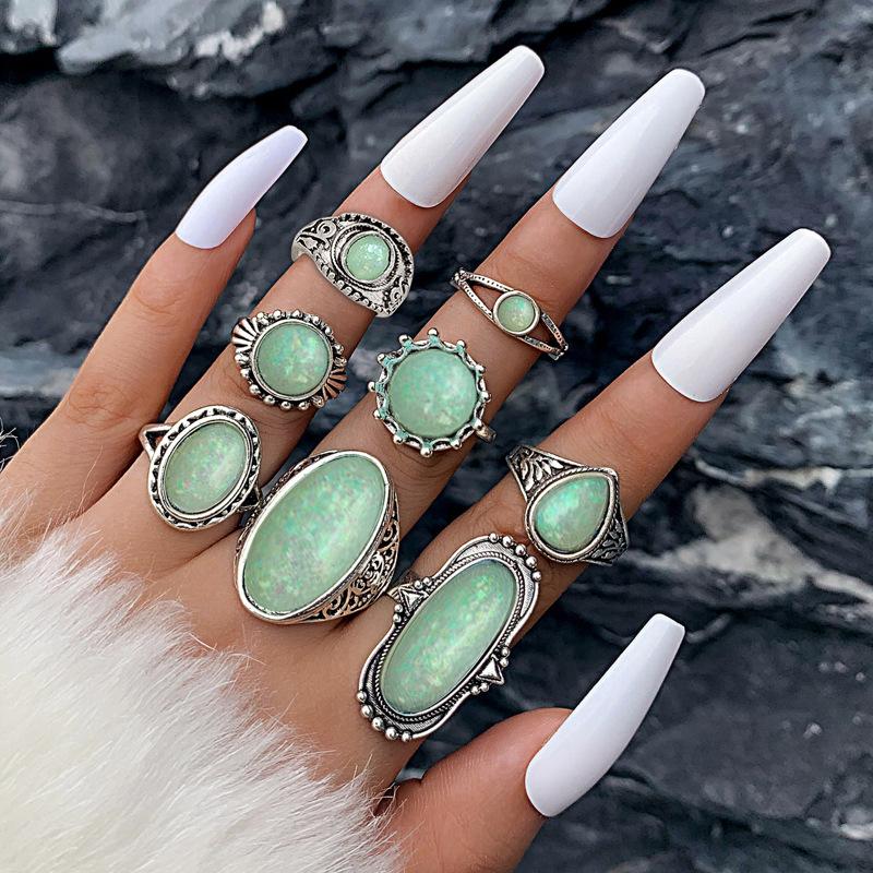 Ethnic style vintage turquoise carved feather ring fashion personality 8-piece combination ring set