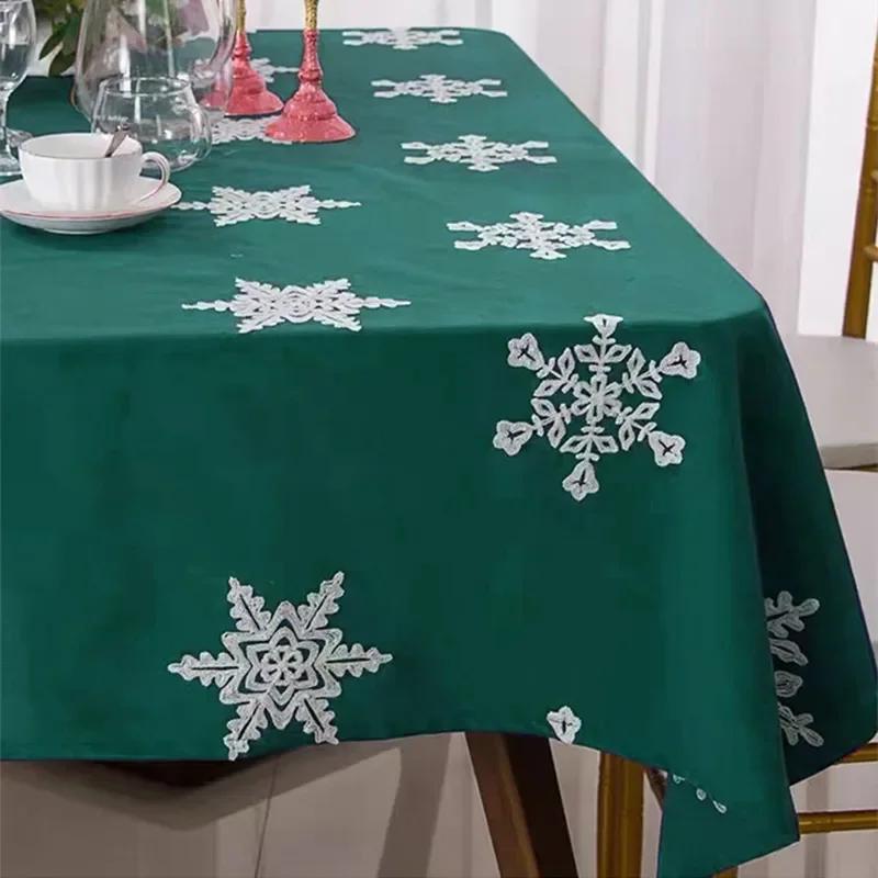 Classic Satin Christmas Tablecloth Green Snowflake Embroidery Table Cover For 2026 Xmas Home Hotel Dining Table Decoration