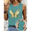 Women's sleeveless vest T Shirt Yellow-green floral butterfly print casual round-neck top Soft, skin-friendly, breathable, comfortable, machine