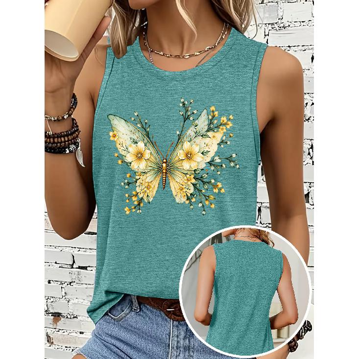 Women's sleeveless vest T Shirt Yellow-green floral butterfly print casual round-neck top Soft, skin-friendly, breathable, comfortable, machine