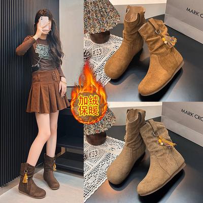 Vintage 2025 Western Martin Boots Botki Wewnętrzne Zwiększenie Wysokości Jesień i Zima Okrągły Czubek Stos Rad Krótkie Bokserki Botki Birkenmeier Kobiety