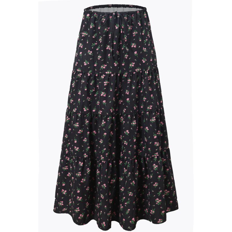 Women's Casual Maxi Skirts Summer Boho Solid Beach Elastic High Waist Pleated A-Line Flowy Swing Long Maxi Skirts Elastic Waist Long Skirt for Women