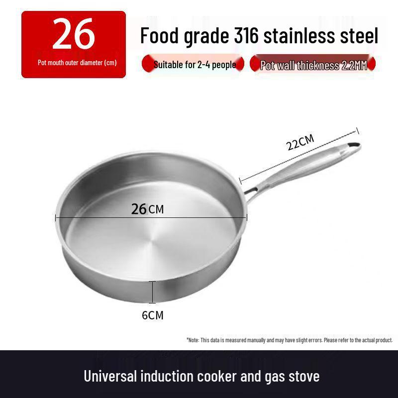 Uncoated 316 Stainless Steel Non-Stick Frying Pan, Universal for Induction & Gas Stoves, Flat-Bottomed with Three-Layer Steel for Eggs & Steak.