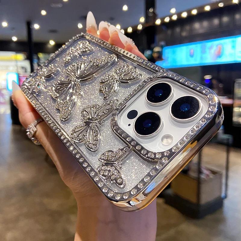 3D Fashion Electroplate Butterfly Glitter Diamond Phone Case for IPhone 17 16 Pro Max 15 14 13 12 11 Transparent Back Cover