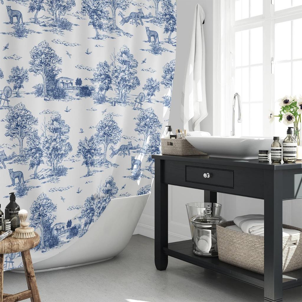 Vintage francouzská sprchová závěs Modrá a bílá látka Koupelnová sprchová závěs Statek Francouzský venkovský koupelnový závěs s háčky