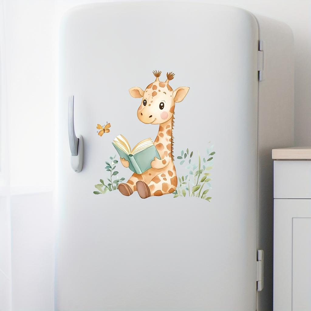 1pc Cartoon Animal Giraffe Reading Books Wall Decal Butterfly Flower Art Wall Sticker Bedroom Living Room Background Wall Decor