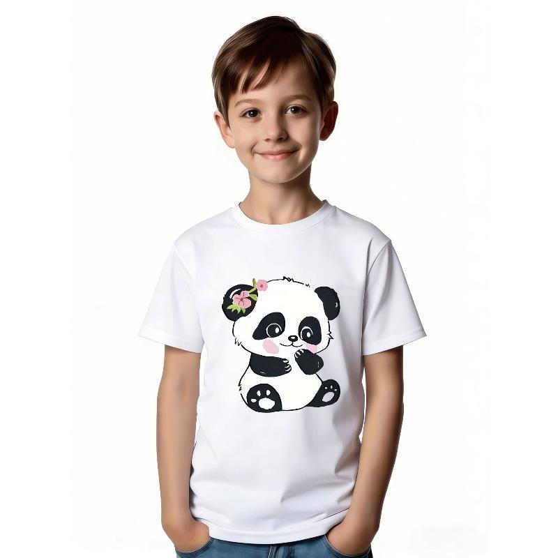 European sizes Cute Cartoon Style Panda T-Shirt - Featuring Pink Flower Decorations, Black Background Design, Suitable for Summer Casual Wear