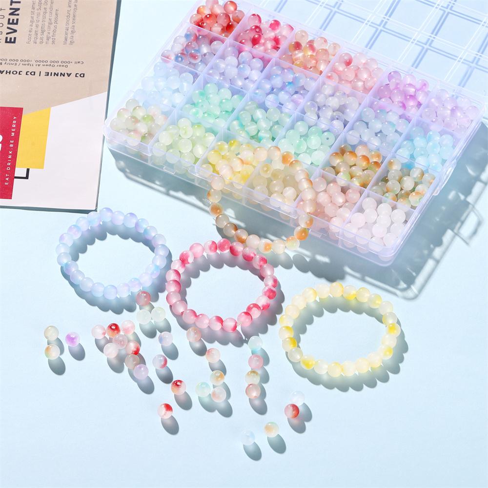 600pcs Double Color Jelly Result Round Glass Beads with Elastic Cord Jewelry Scissors Kits for Bracelet Necklace DIY Jewelry