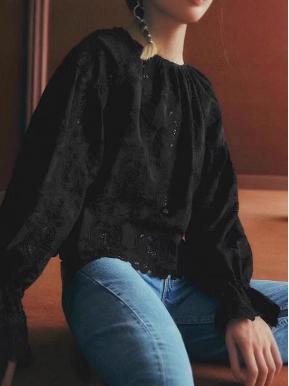 

Французский Ретро Топ с Кружевными Рукавами-Колокольчиками и Вышивкой - Коллекция Осень/Зима L чёрный