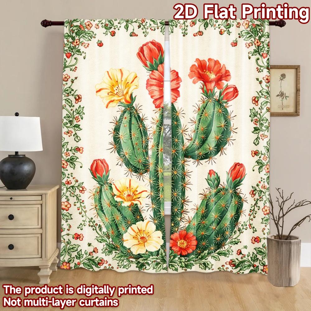 2D Flat Printing 2pcs Curtain Scene Curtains Cactus with Colorful Blooms Digital Printed Polyester Drapes Party Decorations Use