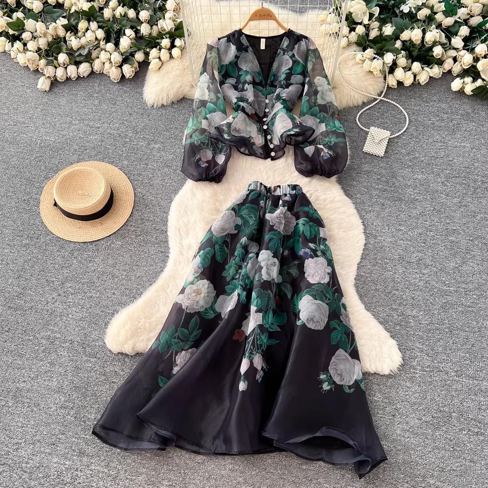 

2026 Women s European & American Lantern Sleeve Suit: Button-Up Top & High-Waisted Skirt Set Medium