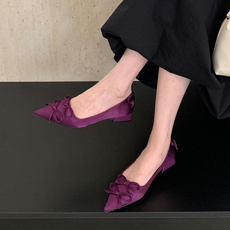 Fashion 2025 New Fashion Silk Shallow Women Low Heel Shoes Butterfly-Knot Female Slip On Footwear Pointed Toe Ladies Heels Pumps Shoes