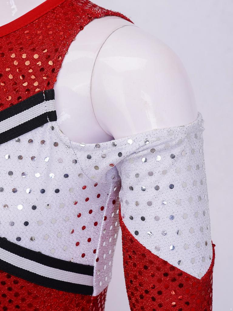 Girls Cheerleading Dress Long Sleeve Off Shoulder Round Neck Contrast Color Shiny Sequins Dance Costume