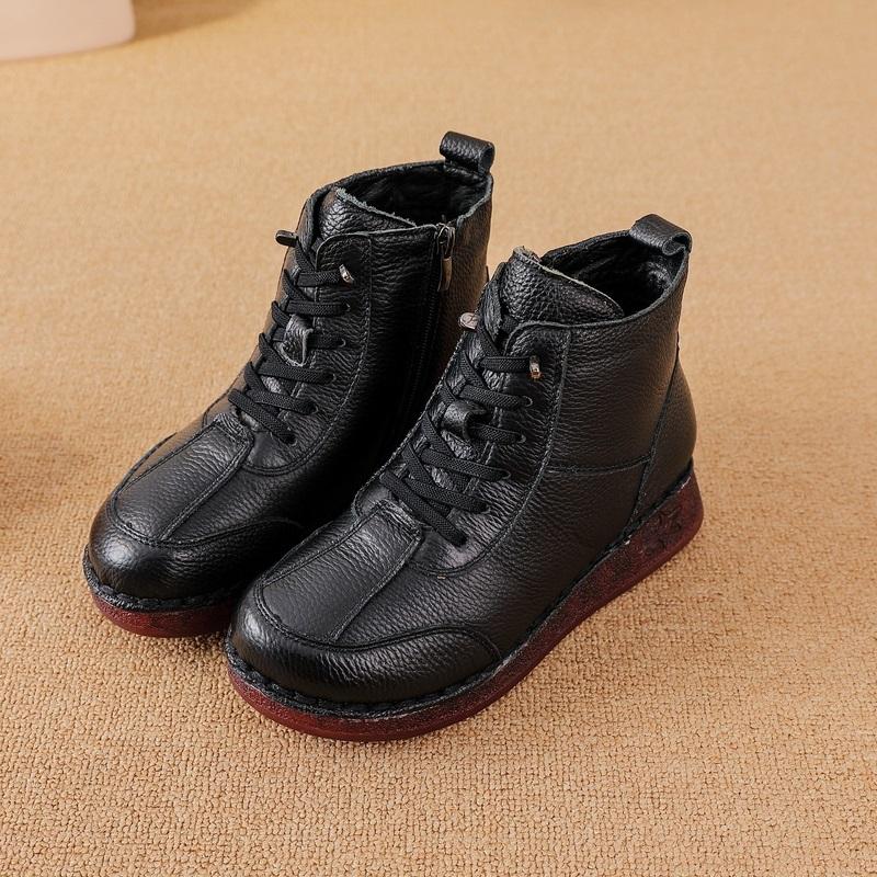 New natural leather ankle boots women lace up winter shoes round toe flat booties woman warm short plush boot lady luxury shoes