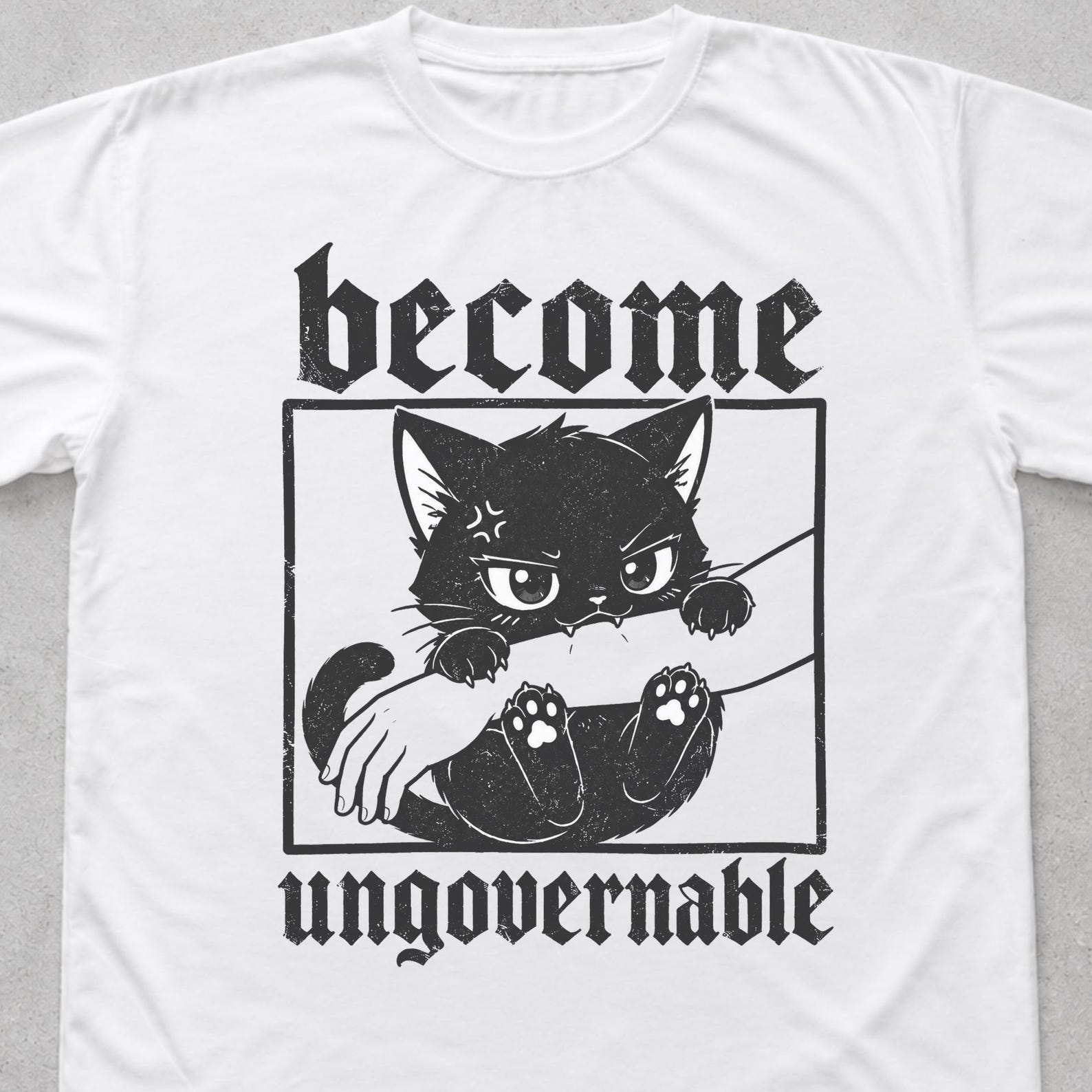 Become Ungovernable Cat T-Shirt, Funny Feral Cat Meme Tee, Rebellious Cat Biting Hand Gift L