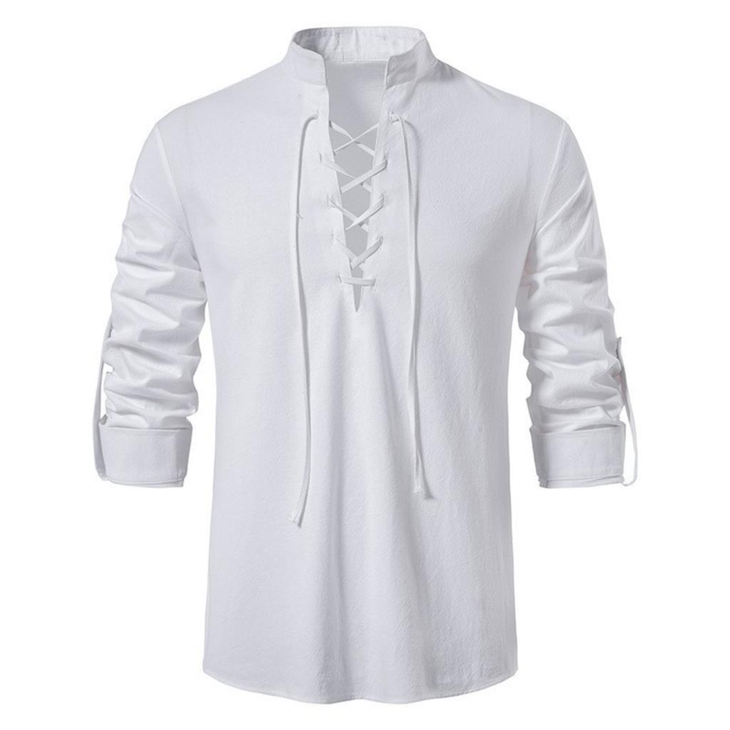 Herren Stehkragen Langarmhemd Baumwolle Henleys Shirt Hippie Lässig Strandhemd