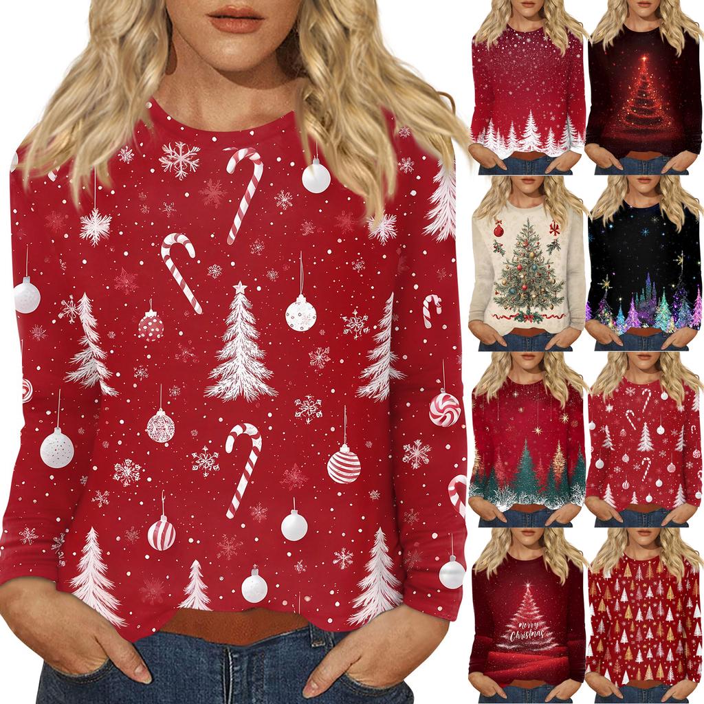 Women's Fashion Casual Christmas Printed Round Neck Long Sleeve Pullover Top